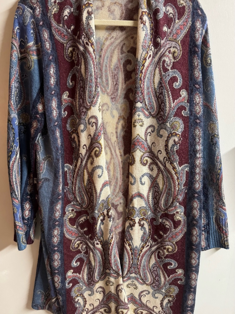 Chico's Burgundy, Blue & Cream Paisley Open-Front Cardigan